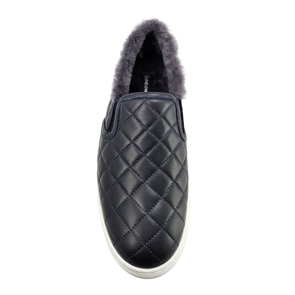 Navy Quilted Leather Shearling Slip on Sneaker
