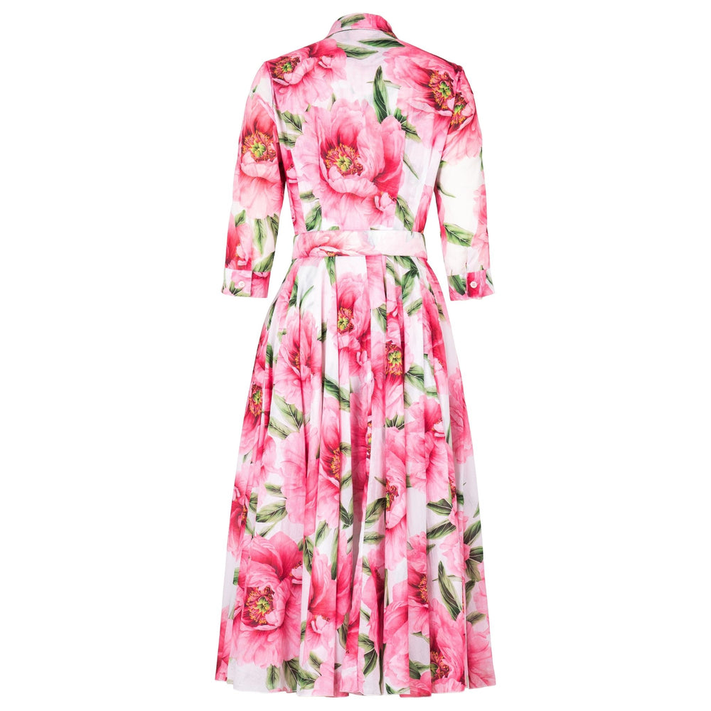Floral maxi dress in white, pink, and green; button-front, 3/4 sleeves, tied waist belt