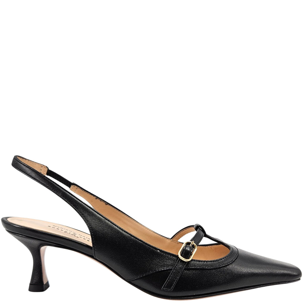Black leather slingback pump with a gold buckle on a white background