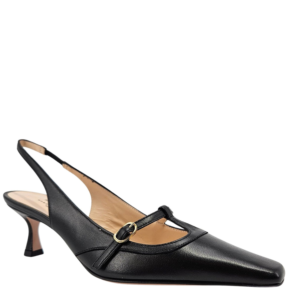 Black kitten heel slingback with round toe, T-strap, and gold buckle closure.