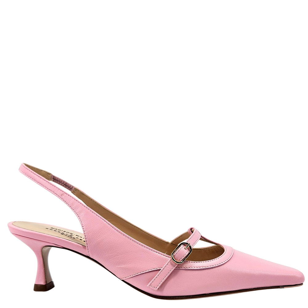 Pink slingback shoe with a strap on a white background