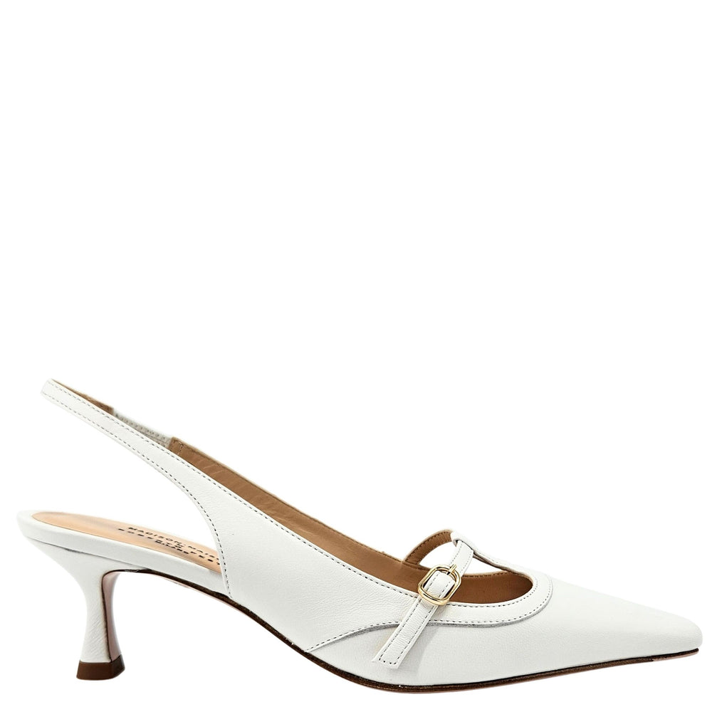 White slingback shoe with a brown sole on a white background