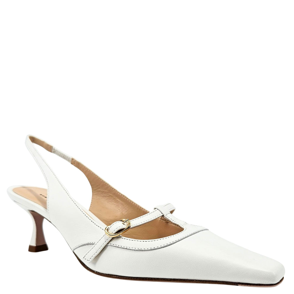 White kitten-heel slingback pumps with adjustable buckle strap and pointed toe