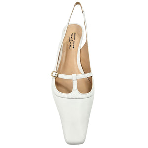 White high-heeled shoe with a thin strap on a white background