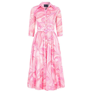 Pink patterned dress on a white background