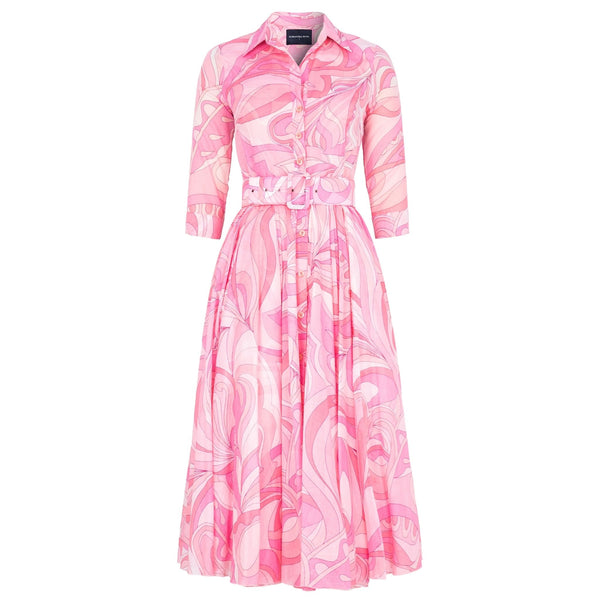 Pink patterned dress on a white background