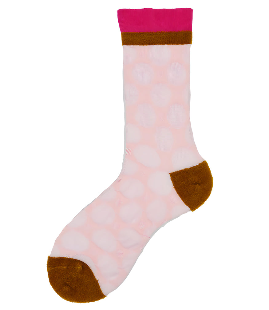 A mid-calf knit sock featuring a mix of textured panels, ribbed leg section, and bold horizontal stripes around the arch and cuff.