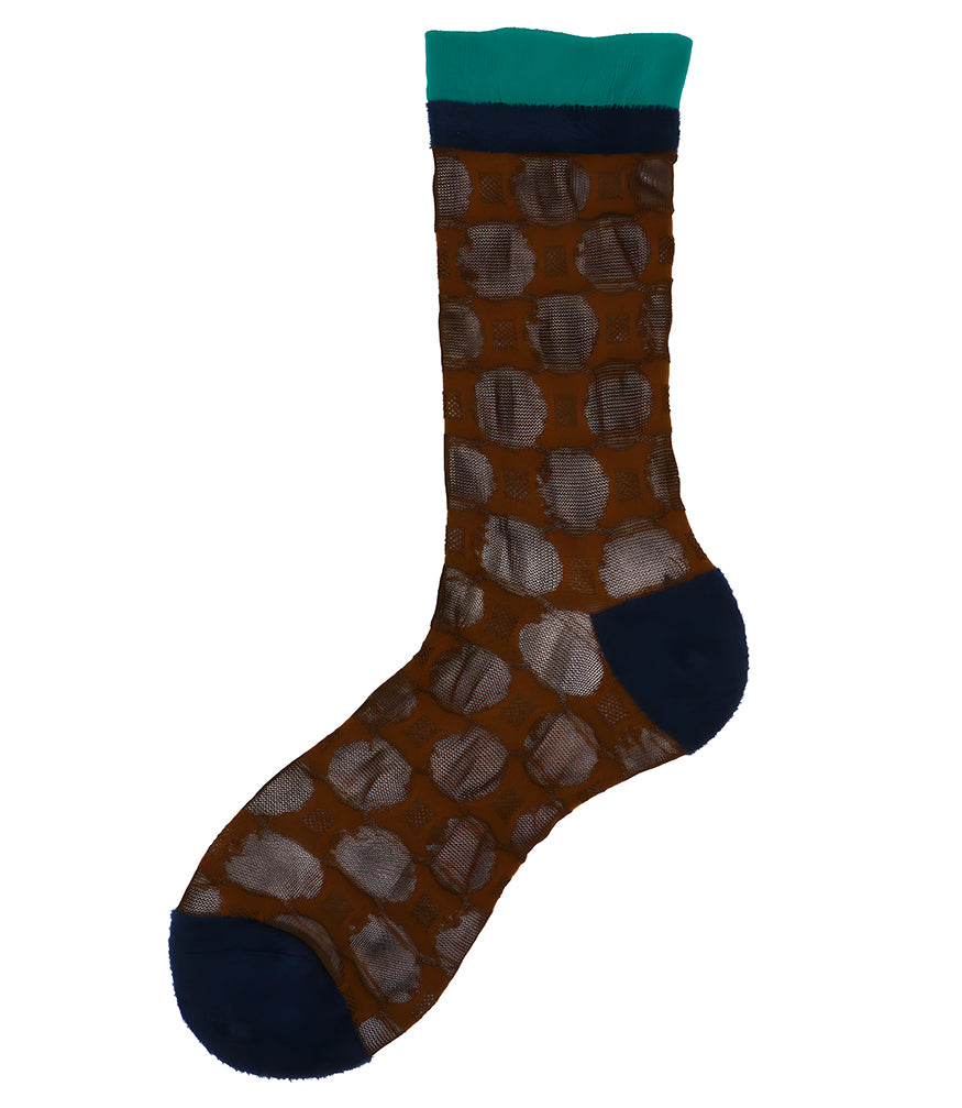 A mid-calf knit sock featuring a mix of textured panels, ribbed leg section, and bold horizontal stripes around the arch and cuff.