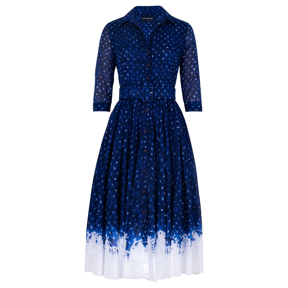 Blue dress with white star pattern on a white background