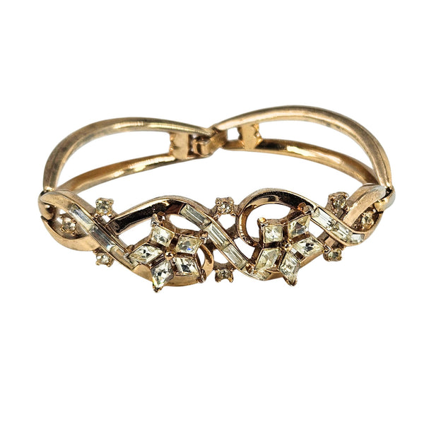 Vintage 1950s Flower Rhinestone Gold Bracelet