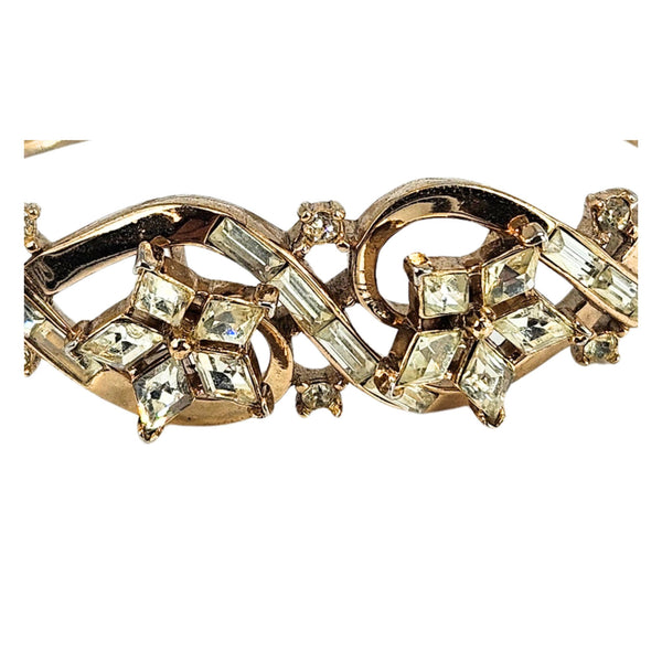 Vintage 1950s Flower Rhinestone Gold Bracelet