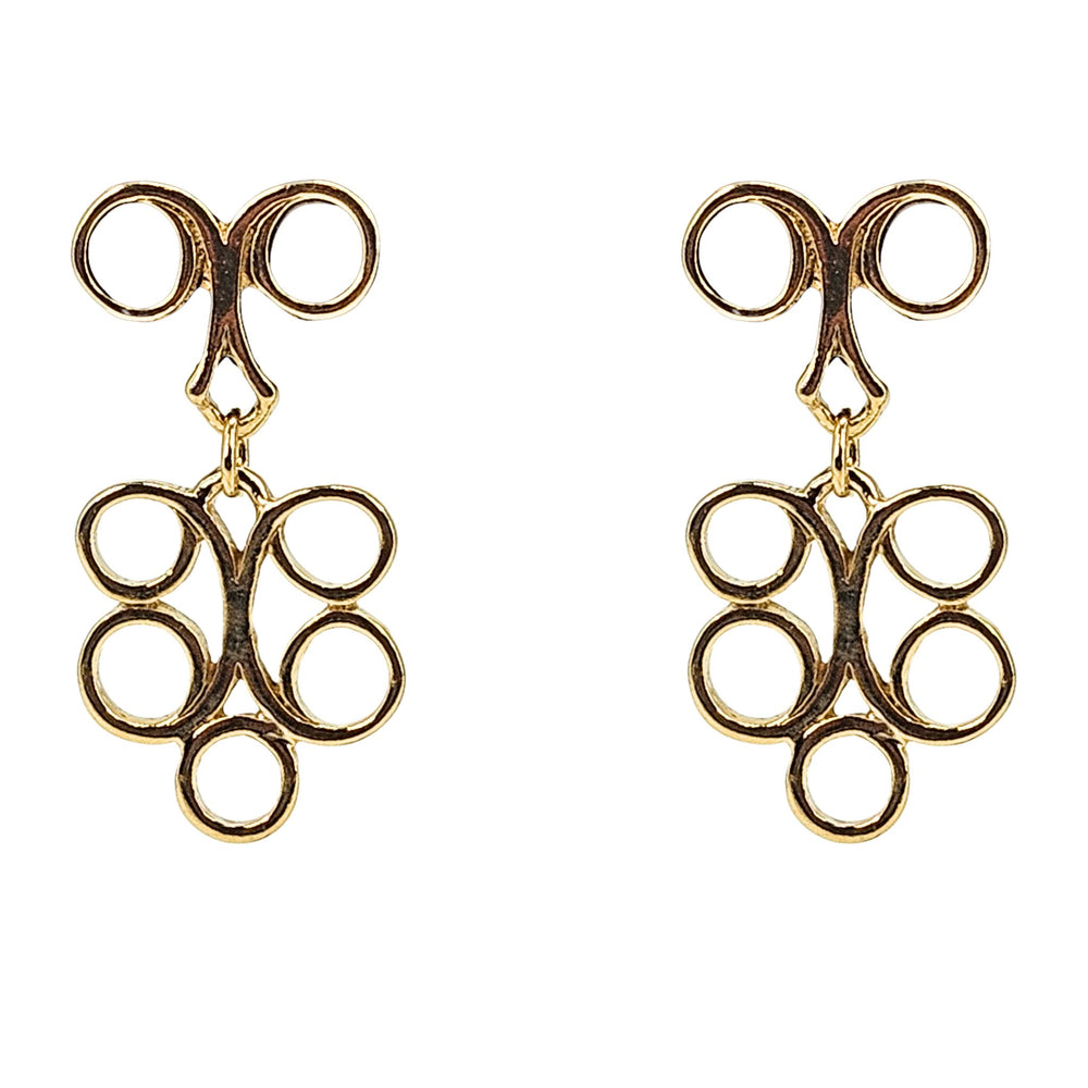 Gold tone dangle earrings with circular loop cluster, vintage leaf motif