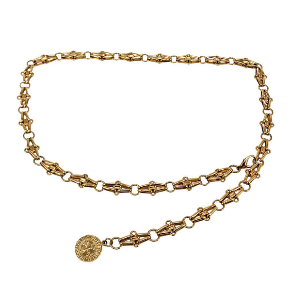 Gold vintage chain belt with interlocking links and round coin charm