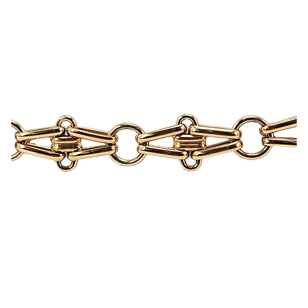 Gold chain belt clasp with ring and bar link hardware, close-up