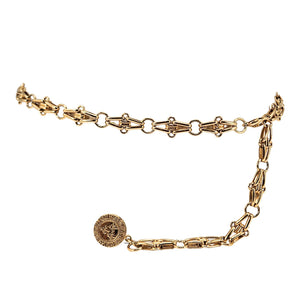 Gold chain belt with interlocking links and round coin charm at center