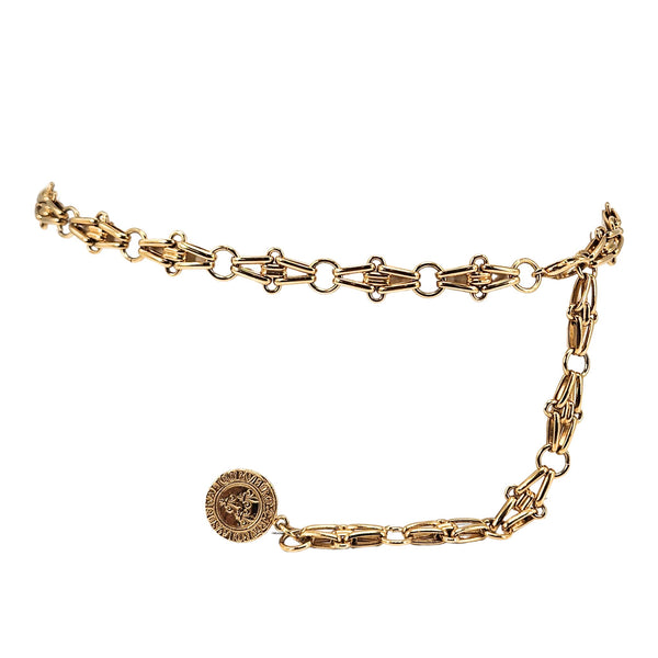 Gold chain belt with interlocking links and round coin charm at center