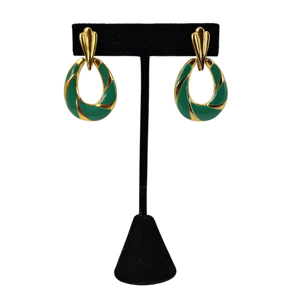 Vintage 1970s Green Enamel Oval Earrings