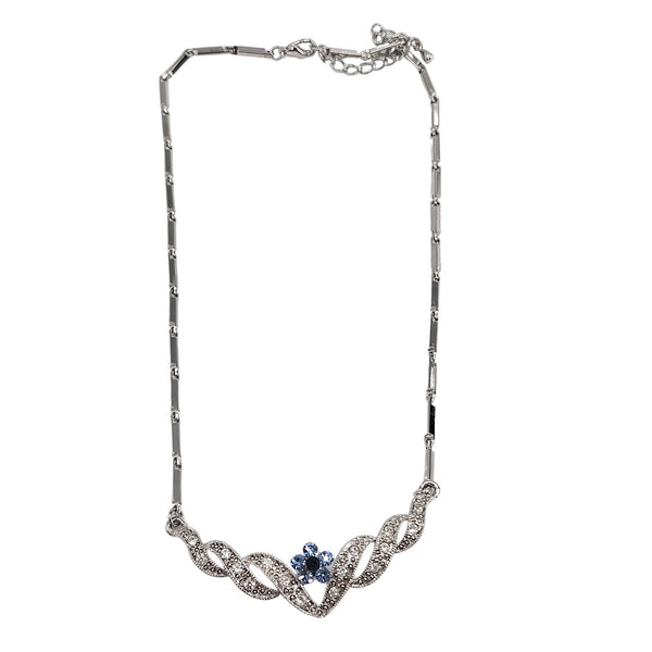 Vintage 1950s -60s Blue Rhinestone Floral Necklace in Silvertone