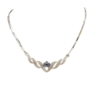 Vintage 1950s -60s Blue Rhinestone Floral Necklace in Silvertone