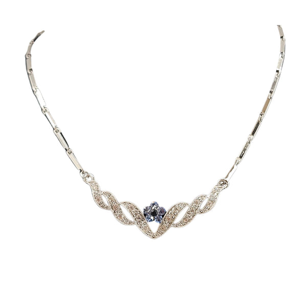 Vintage 1950s -60s Blue Rhinestone Floral Necklace in Silvertone