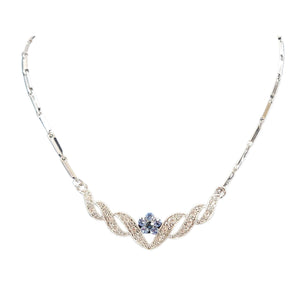 Vintage 1950s -60s Blue Rhinestone Floral Necklace in Silvertone