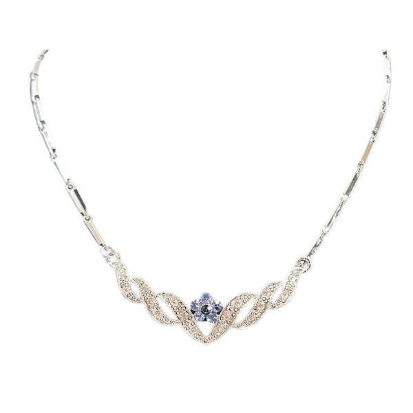 Vintage 1950s -60s Blue Rhinestone Floral Necklace in Silvertone