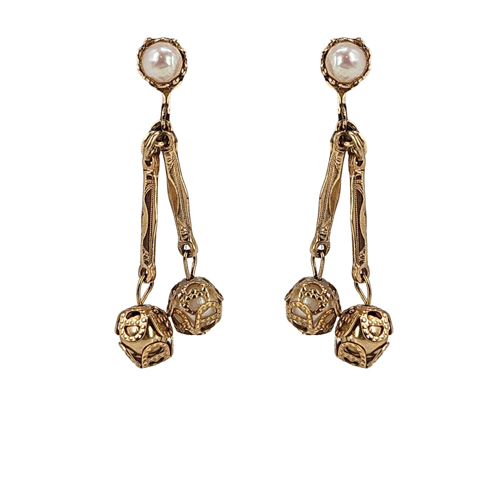 Gold filigree faux pearl drop earrings with dangling heart and coin charms