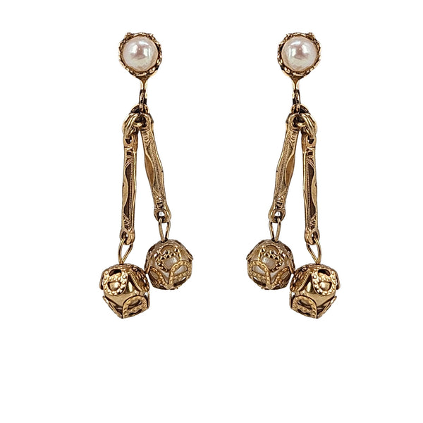 Vintage Gold Filigree Faux Pearl Earrings