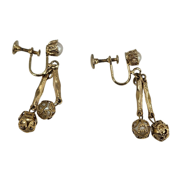 Vintage Gold Filigree Faux Pearl Earrings