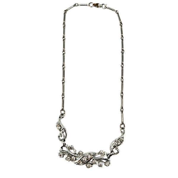 Vintage 1950s Rhodium-Plated Silvertone Rhinestone Vine Collar Necklace