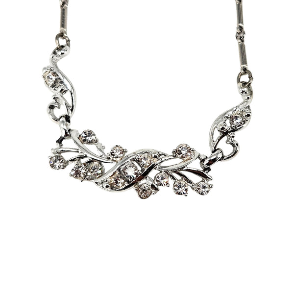 Vintage 1950s Rhodium-Plated Silvertone Rhinestone Vine Collar Necklace