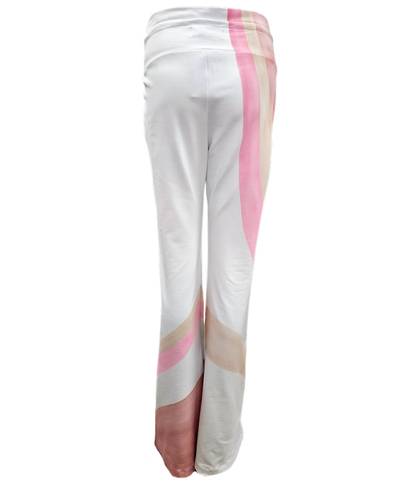 Women's full-length lounge pants made in Italy from a soft, stretch-blend fabric, featuring a wide waistband with drawstring tie and abstract panel detailing along the legs for a modern, relaxed silhouette.