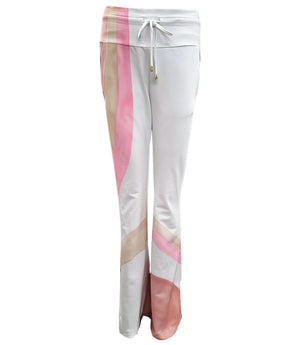 Women's full-length lounge pants made in Italy from a soft, stretch-blend fabric, featuring a wide waistband with drawstring tie and abstract panel detailing along the legs for a modern, relaxed silhouette.