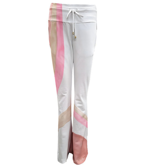 Women's full-length lounge pants made in Italy from a soft, stretch-blend fabric, featuring a wide waistband with drawstring tie and abstract panel detailing along the legs for a modern, relaxed silhouette.