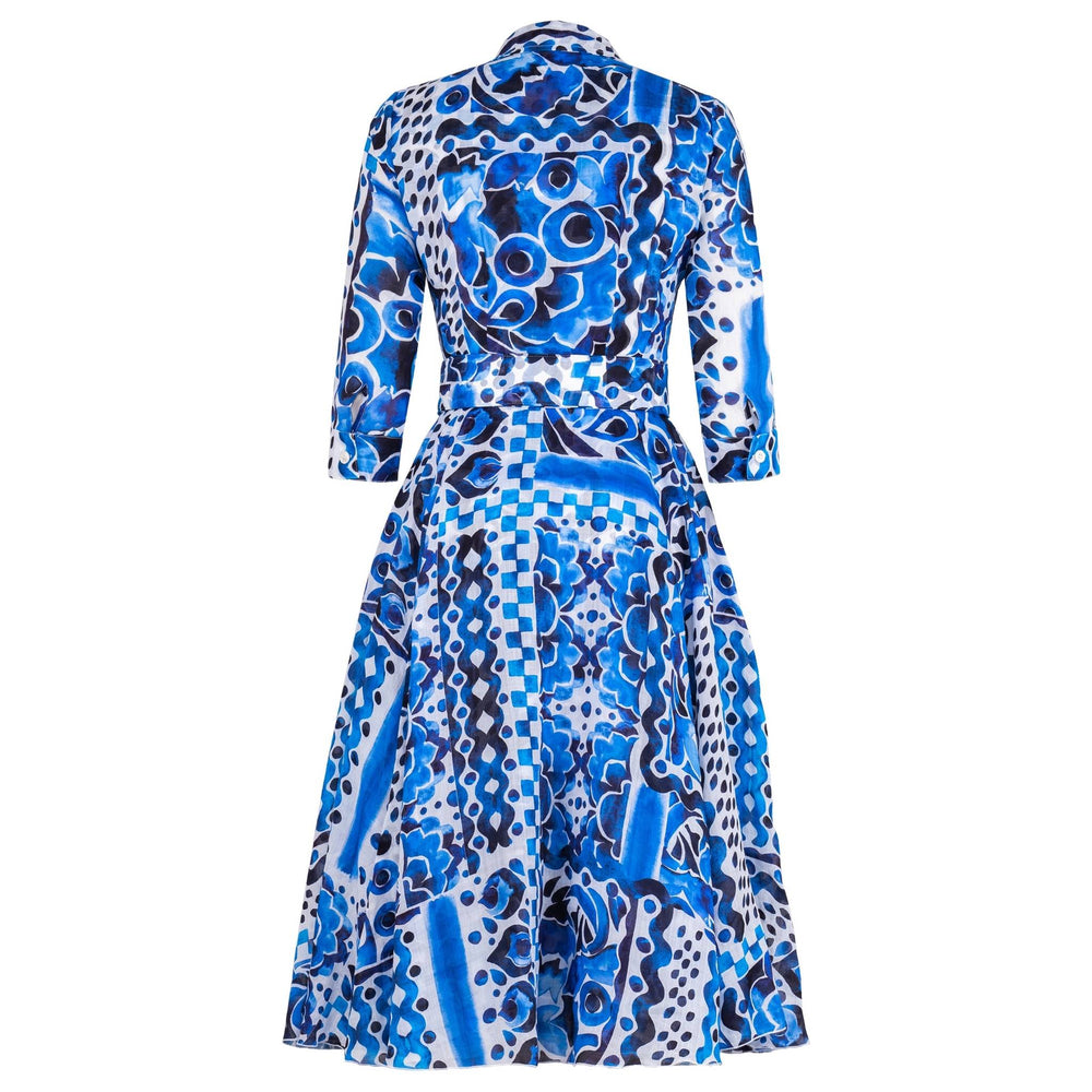 Blue and white watercolor tile print midi dress, 3/4 sleeves, belted waist, collar