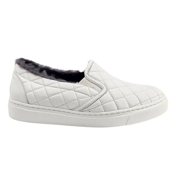 White Quilted Leather Shearling Slip on Sneaker