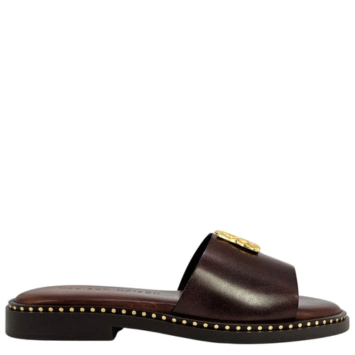 Brown sandal with gold accents on a white background