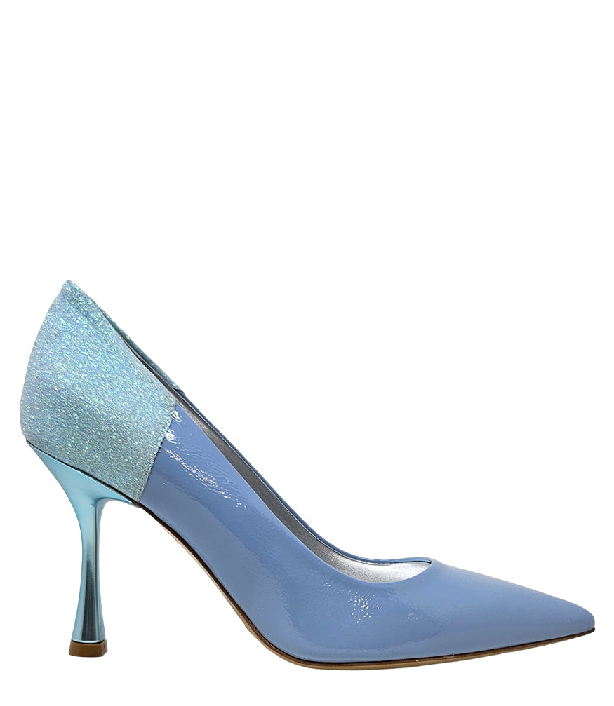 Pointed-toe pump handcrafted in Italy with a high heel, glossy finish, and a glitter-accented heel counter. Features a sculptural stiletto heel and metallic insole. Shown from multiple angles against a clean background