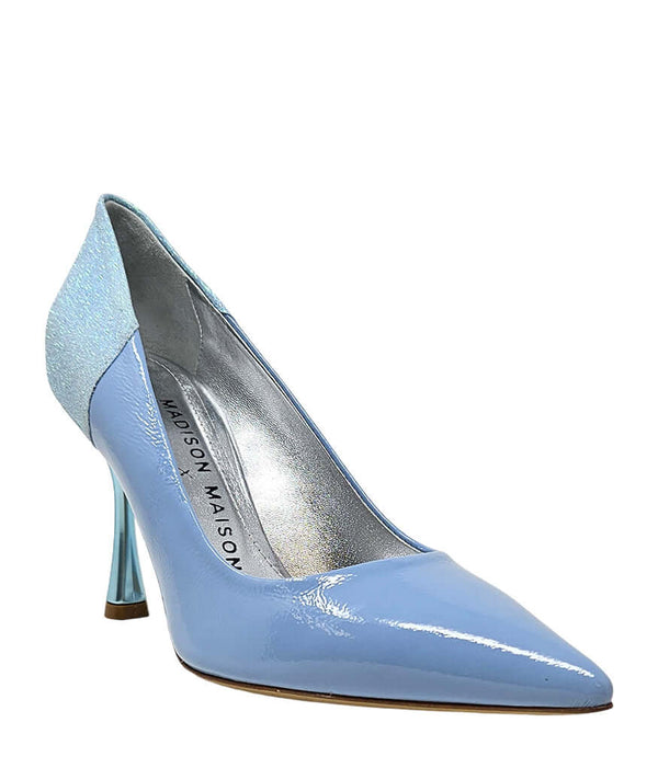 Pointed-toe pump handcrafted in Italy with a high heel, glossy finish, and a glitter-accented heel counter. Features a sculptural stiletto heel and metallic insole. Shown from multiple angles against a clean background - Front and side view of alena blue and light blue