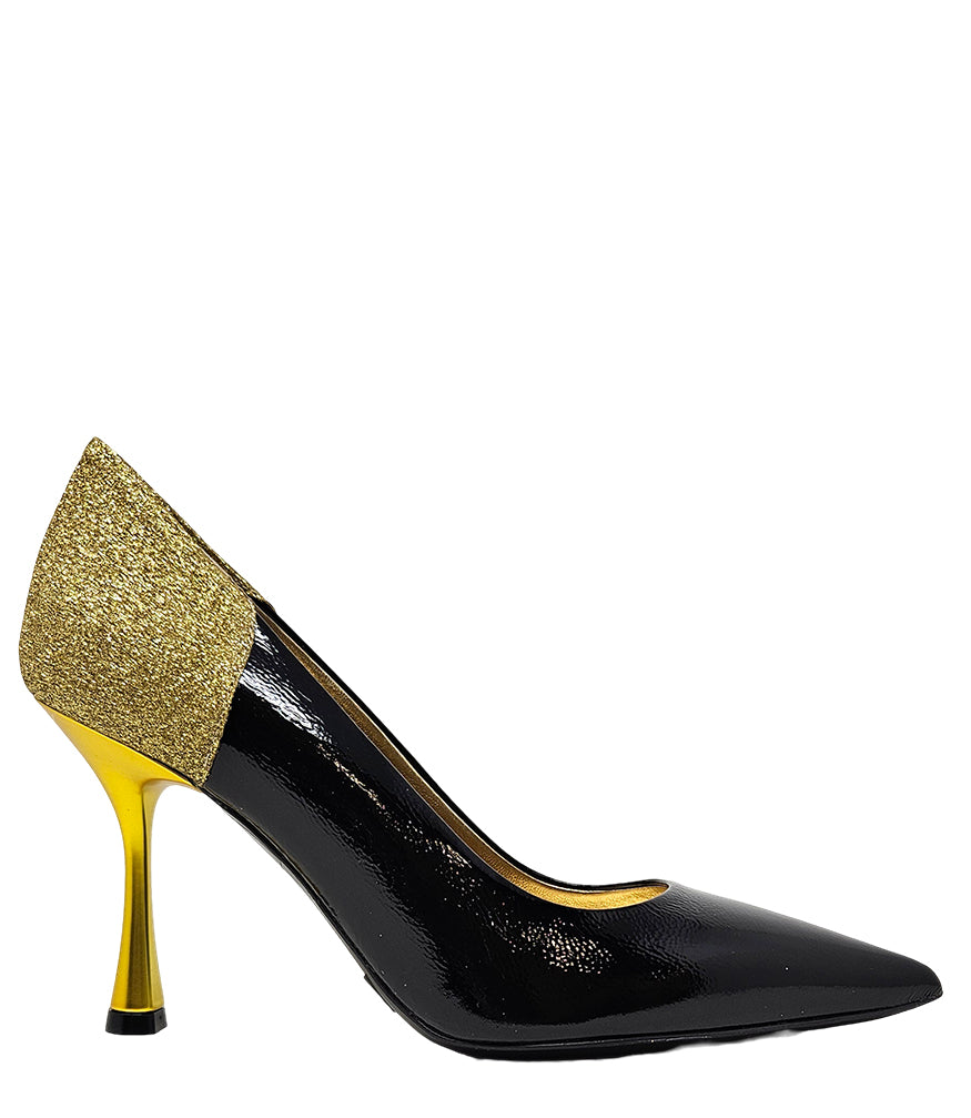 Pointed-toe pump handcrafted in Italy with a high heel, glossy finish, and a glitter-accented heel counter. Features a sculptural stiletto heel and metallic insole. Shown from multiple angles against a clean background