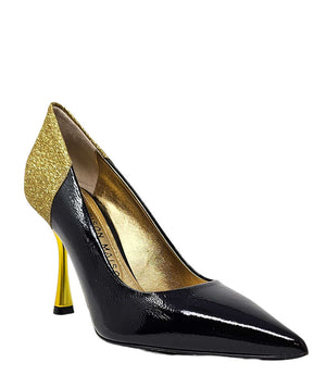 Pointed-toe pump handcrafted in Italy with a high heel, glossy finish, and a glitter-accented heel counter. Features a sculptural stiletto heel and metallic insole. Shown from multiple angles against a clean background - Front and side view of alena black and gold