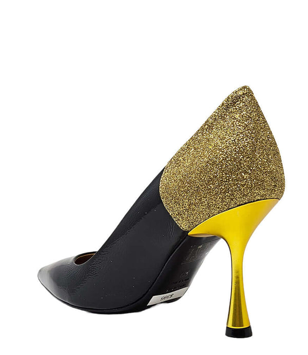 Pointed-toe pump handcrafted in Italy with a high heel, glossy finish, and a glitter-accented heel counter. Features a sculptural stiletto heel and metallic insole. Shown from multiple angles against a clean background - back view of alena black and gold
