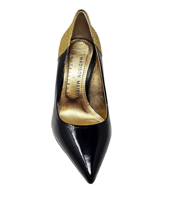 Pointed-toe pump handcrafted in Italy with a high heel, glossy finish, and a glitter-accented heel counter. Features a sculptural stiletto heel and metallic insole. Shown from multiple angles against a clean background - Front view of alena black and gold