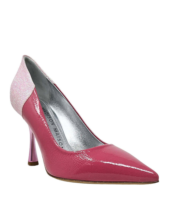 Pointed-toe pump handcrafted in Italy with a high heel, glossy finish, and a glitter-accented heel counter. Features a sculptural stiletto heel and metallic insole. Shown from multiple angles against a clean background - Front and side view of alena rose pink