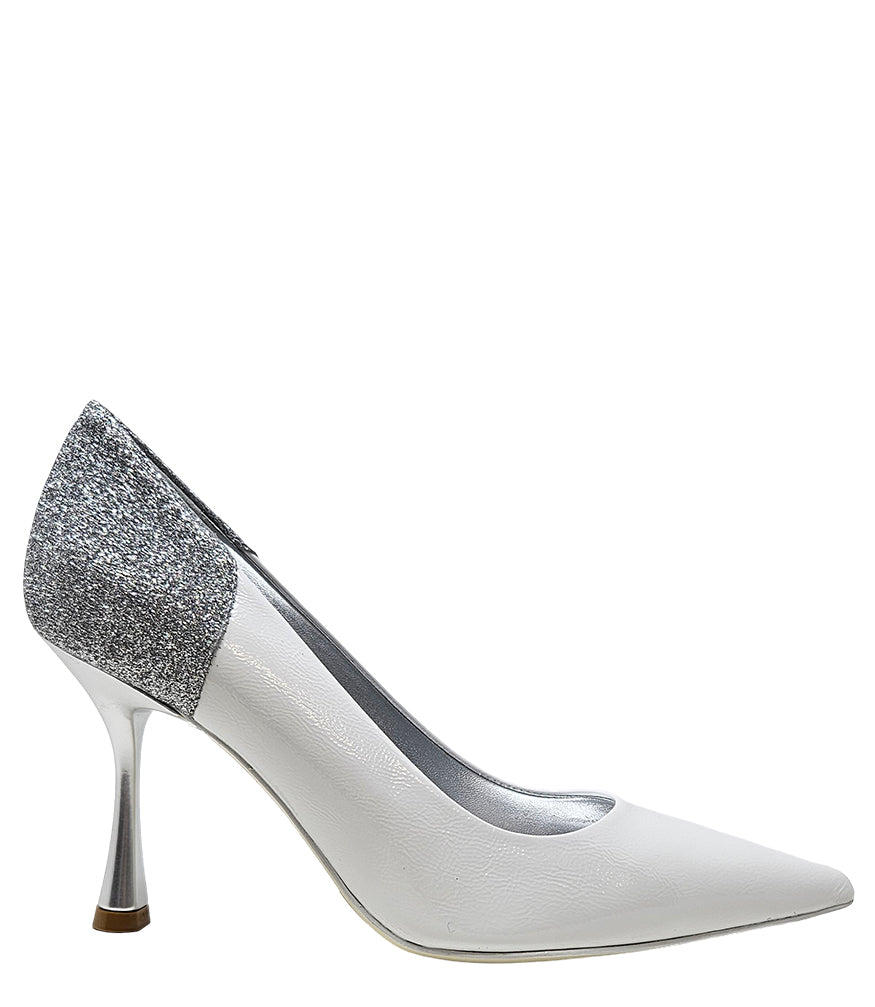 Pointed-toe pump handcrafted in Italy with a high heel, glossy finish, and a glitter-accented heel counter. Features a sculptural stiletto heel and metallic insole. Shown from multiple angles against a clean background
