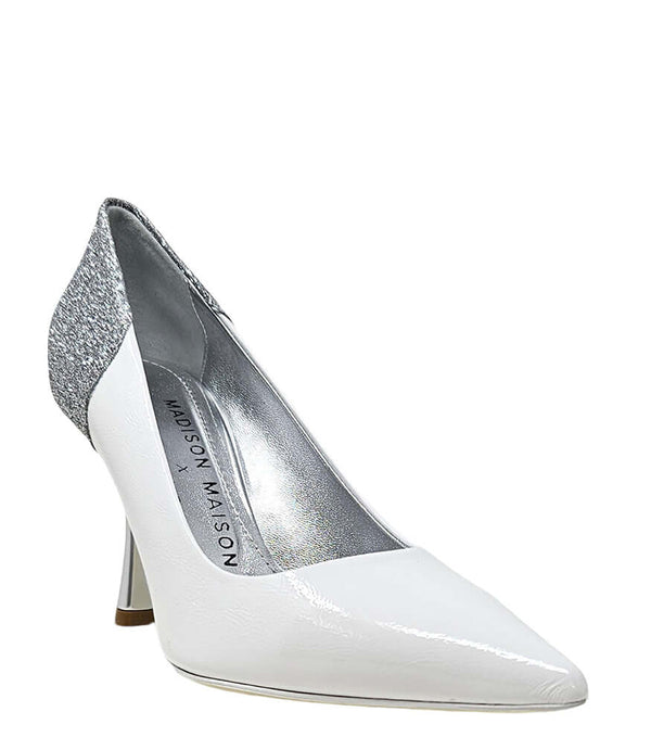 Pointed-toe pump handcrafted in Italy with a high heel, glossy finish, and a glitter-accented heel counter. Features a sculptural stiletto heel and metallic insole. Shown from multiple angles against a clean background - front and side view of alena white and silver