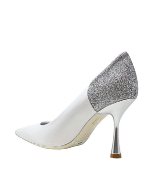 Pointed-toe pump handcrafted in Italy with a high heel, glossy finish, and a glitter-accented heel counter. Features a sculptural stiletto heel and metallic insole. Shown from multiple angles against a clean background - side view of alena white and silver