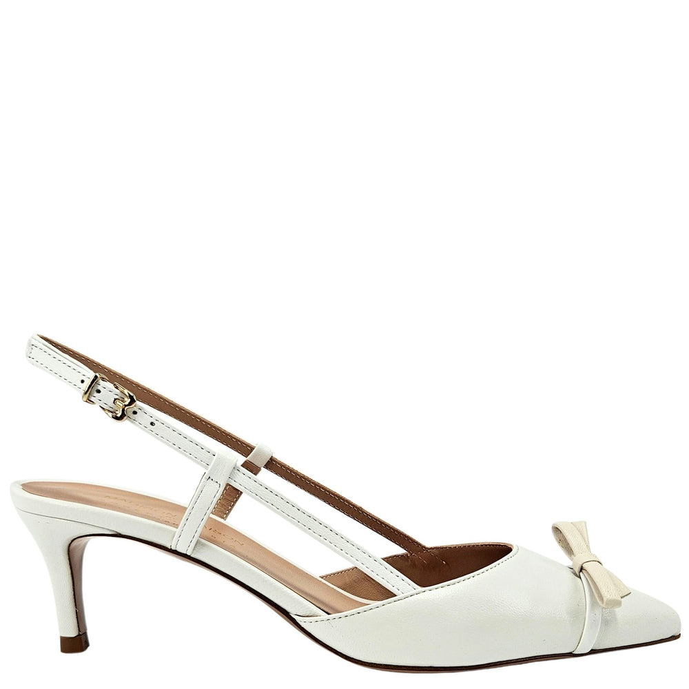 White high-heeled shoe with a bow on a white background