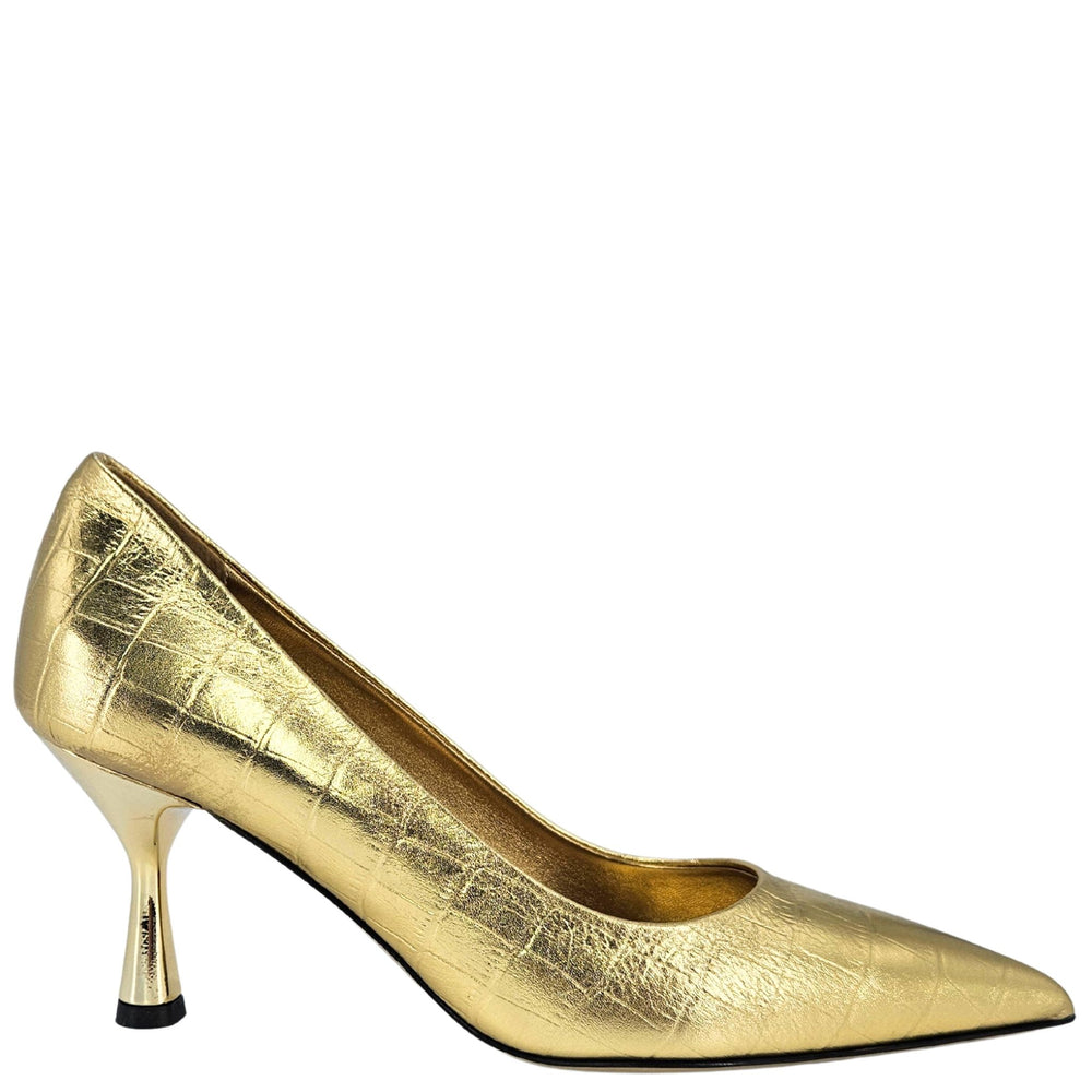 Gold high-heeled shoe on a white background