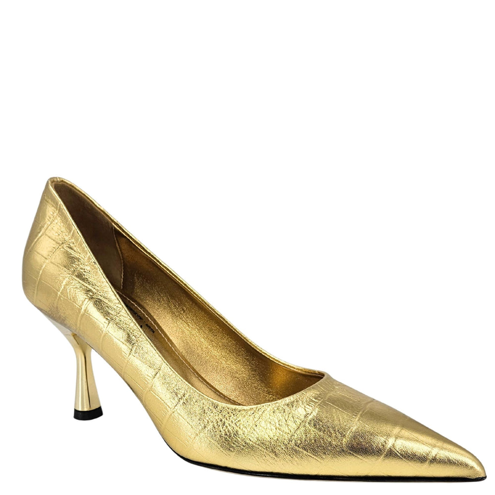 Gold leather moc-croc pump, pointed toe and stiletto heel